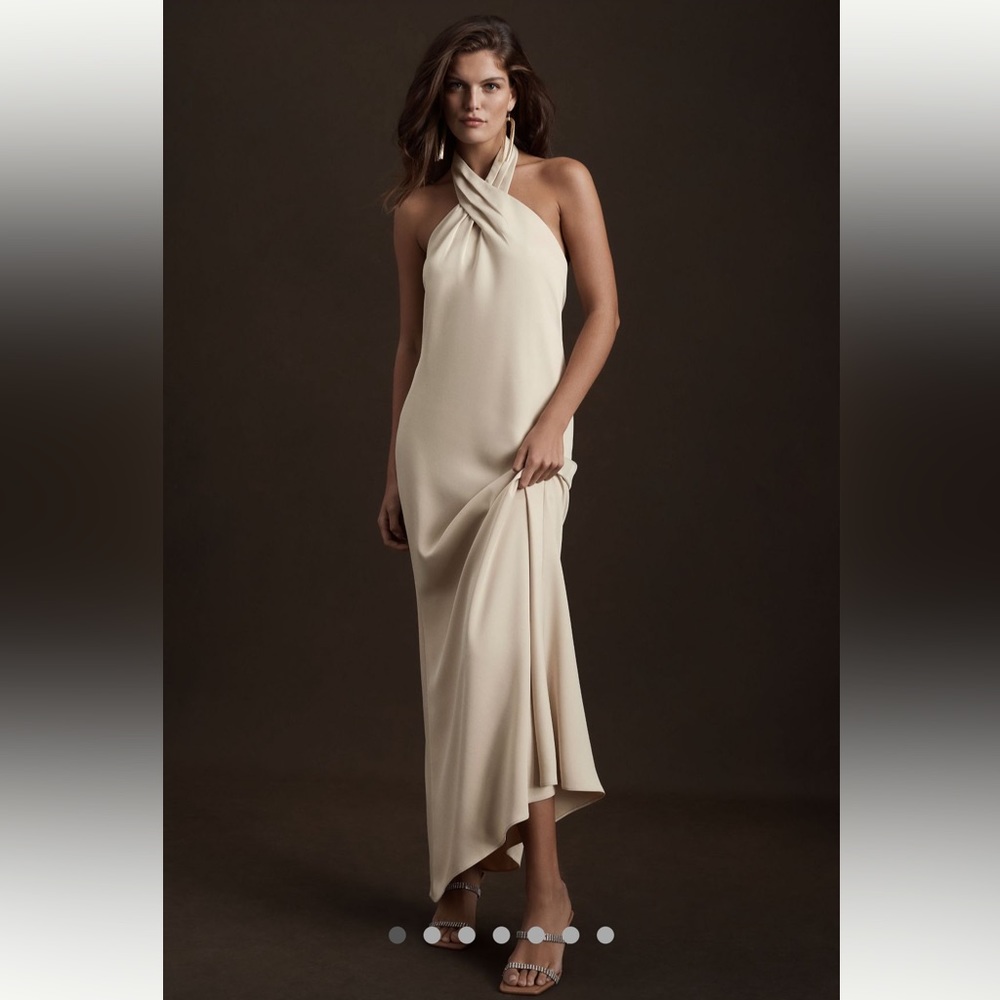 Like new champagne color halter gown; worn once, in perfect condition. - Picture 2 of 3